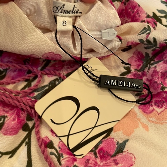 NWT pink lilac cream floral tassel tie midi dress chiffon lined AMELIA 8 or 10 - Picture 7 of 13